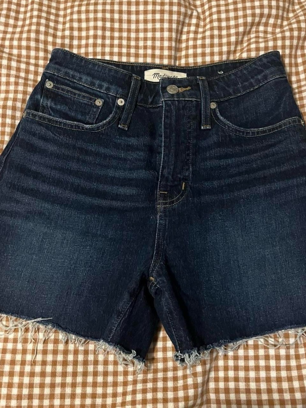 Madewell Dark Blue High-Rise Frayed Hem Denim Shorts